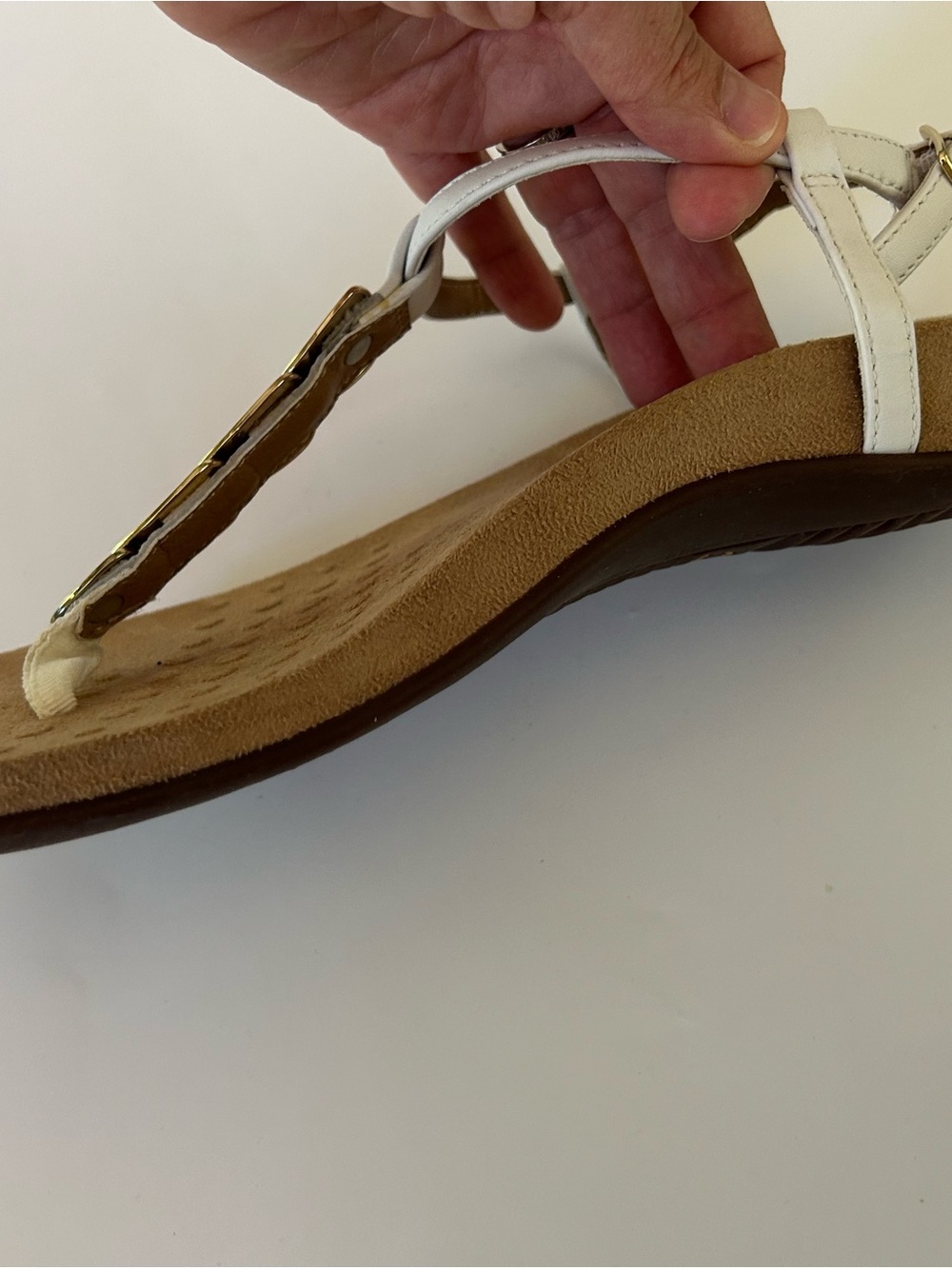 NEW White Women's T-Strap leather Sandals with Gold Accent - Picture 10 of 14